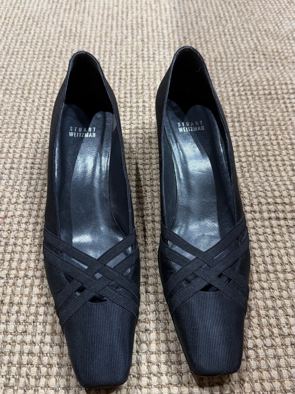 Stuart Weitzman Black Satin Crisscross Pointed Toe Pumps